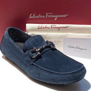Ferragamo Gancini Bit Dark Blue 7 EE Mens Suede Drivers Dress Loafers Moccasin